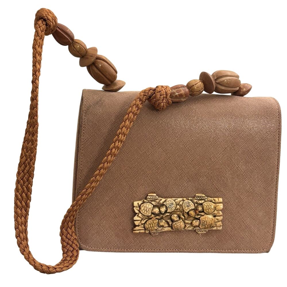 Vintage Rafael Sanchez Pink Embossed Suede w/Carved Turtles Shoulder BAG/PURSE